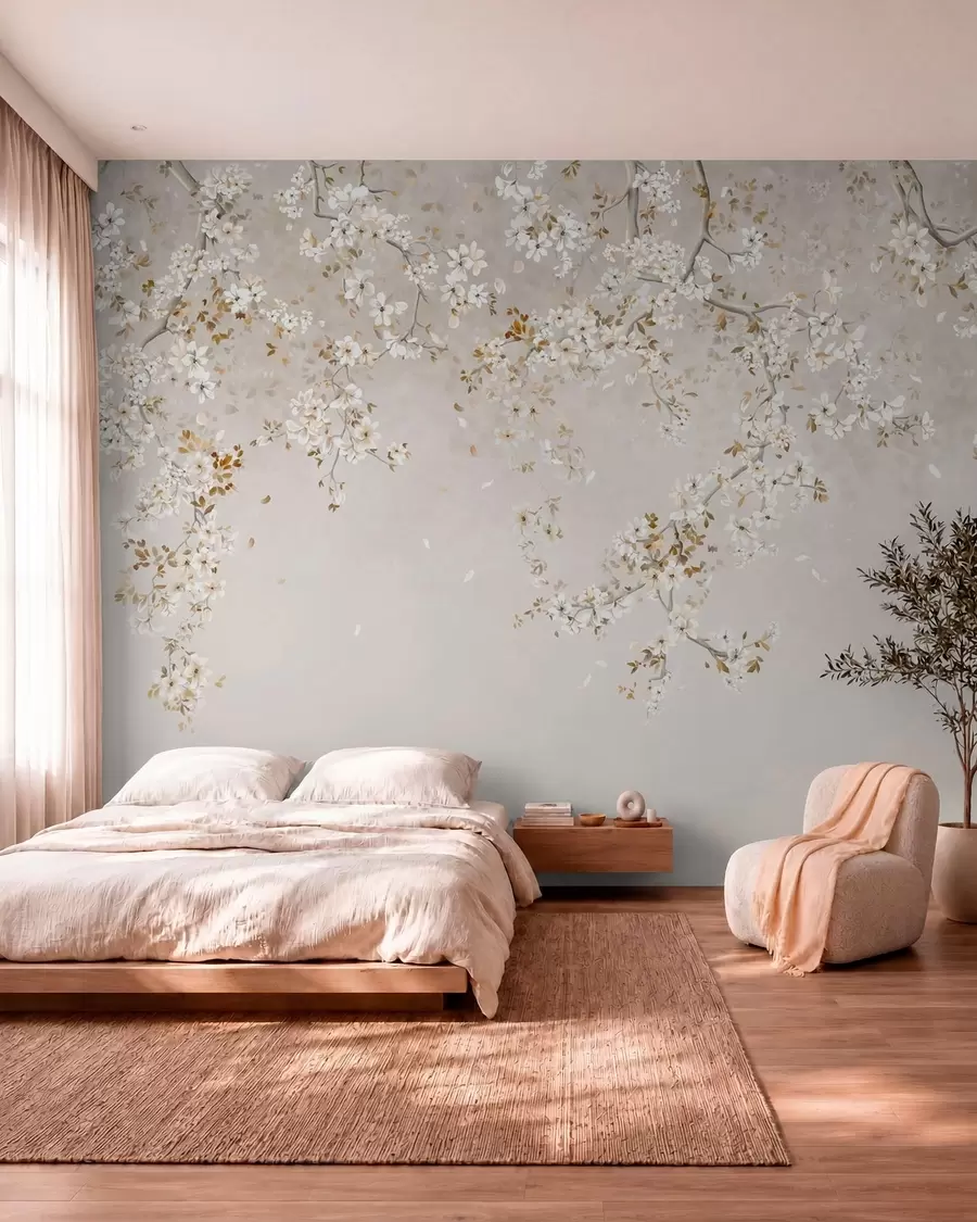 murais de parede Galhos com flores brancas sobre um fundo bege suave w05129