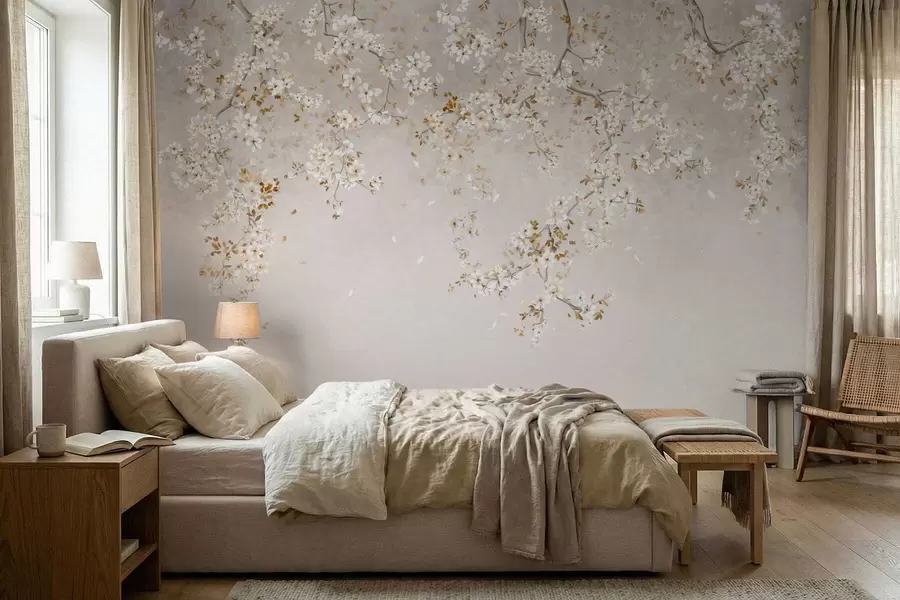 murais de parede Galhos com flores brancas sobre um fundo bege suave w05129