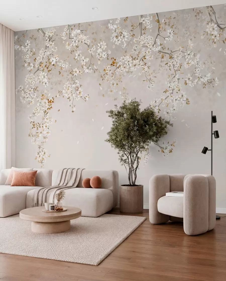 murais de parede Galhos com flores brancas sobre um fundo bege suave w05129