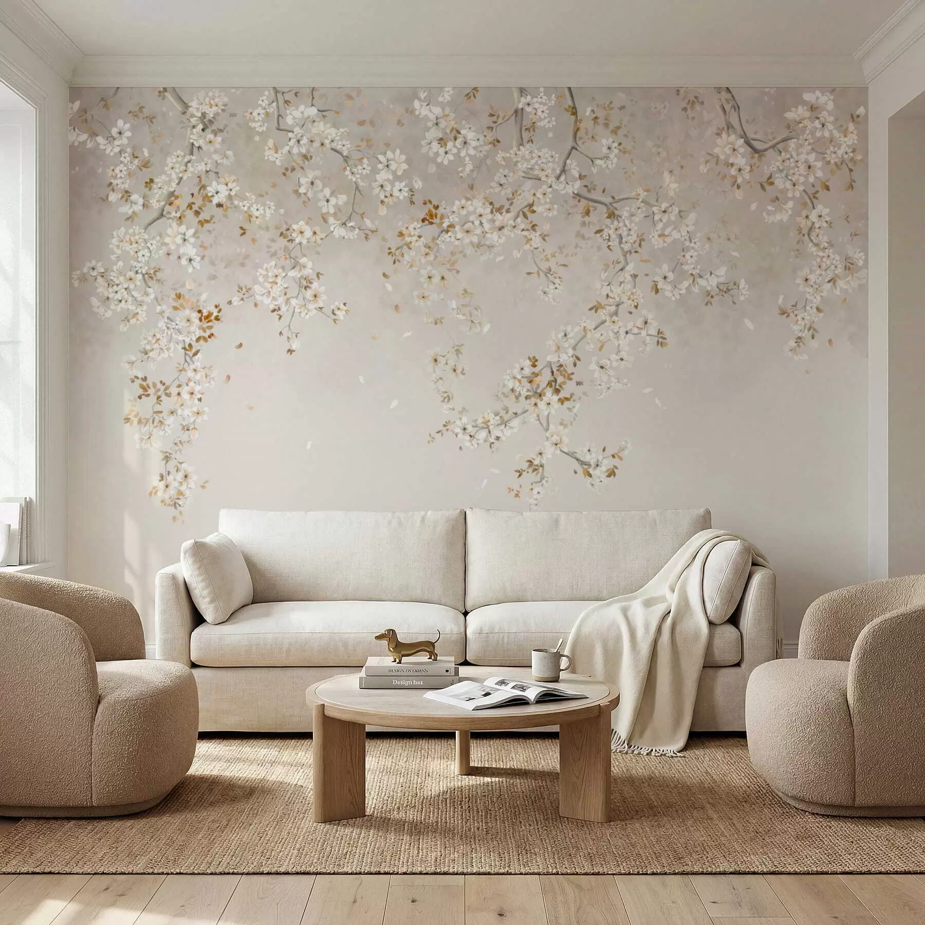 murais de parede Galhos com flores brancas sobre um fundo bege suave w05129