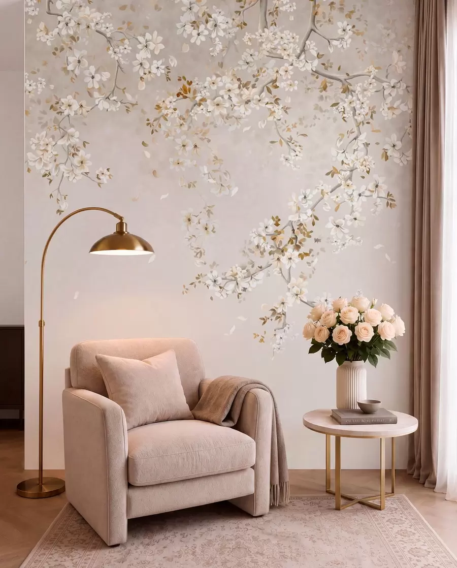 murais de parede Galhos com flores brancas sobre um fundo bege suave w05129