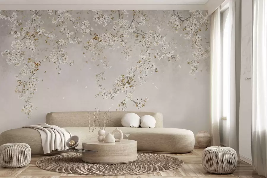 murais de parede Galhos com flores brancas sobre um fundo bege suave w05129