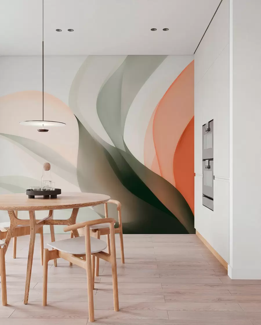 murais de parede Ondas abstratas em tons de laranja e verde w09718
