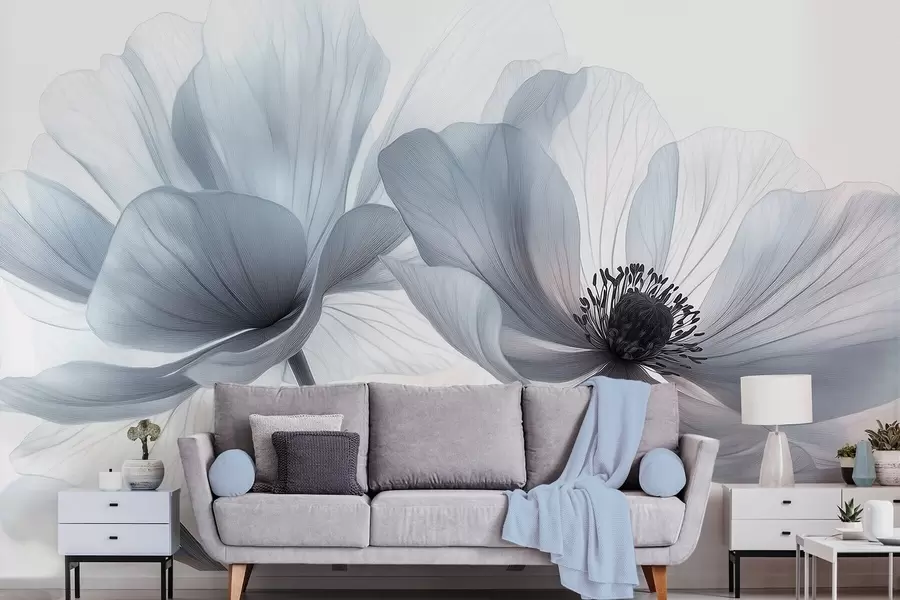 murais de parede Flores translúcidas branco-azuladas sobre um fundo claro w09720