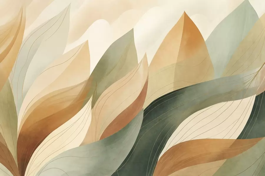 murais de parede Folhas abstratas, tons terrosos suaves de verde e laranja com detalhes delicados em linhas, textura suave de aquarela w09736