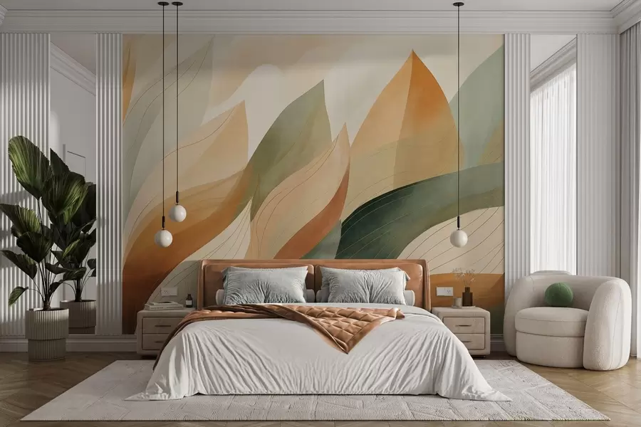 murais de parede Folhas abstratas, tons terrosos suaves de verde e laranja com detalhes delicados em linhas, textura suave de aquarela w09736