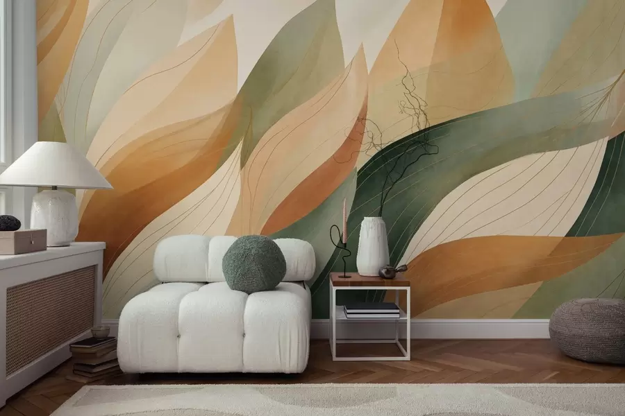 murais de parede Folhas abstratas, tons terrosos suaves de verde e laranja com detalhes delicados em linhas, textura suave de aquarela w09736