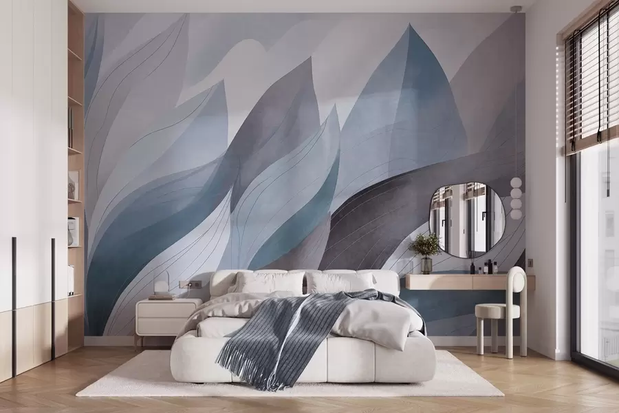 murais de parede Folhas abstratas, tons terrosos suaves de azul com detalhes delicados em linhas, textura suave de aquarela w09736v1