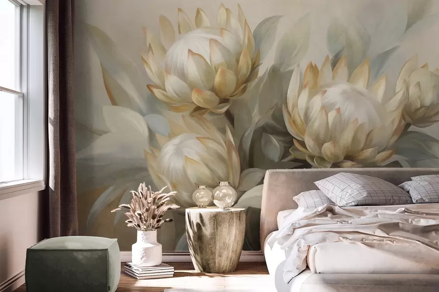 murais de parede Flores protea texturizadas com folhas verdes e um fundo suave e desfocado w09738