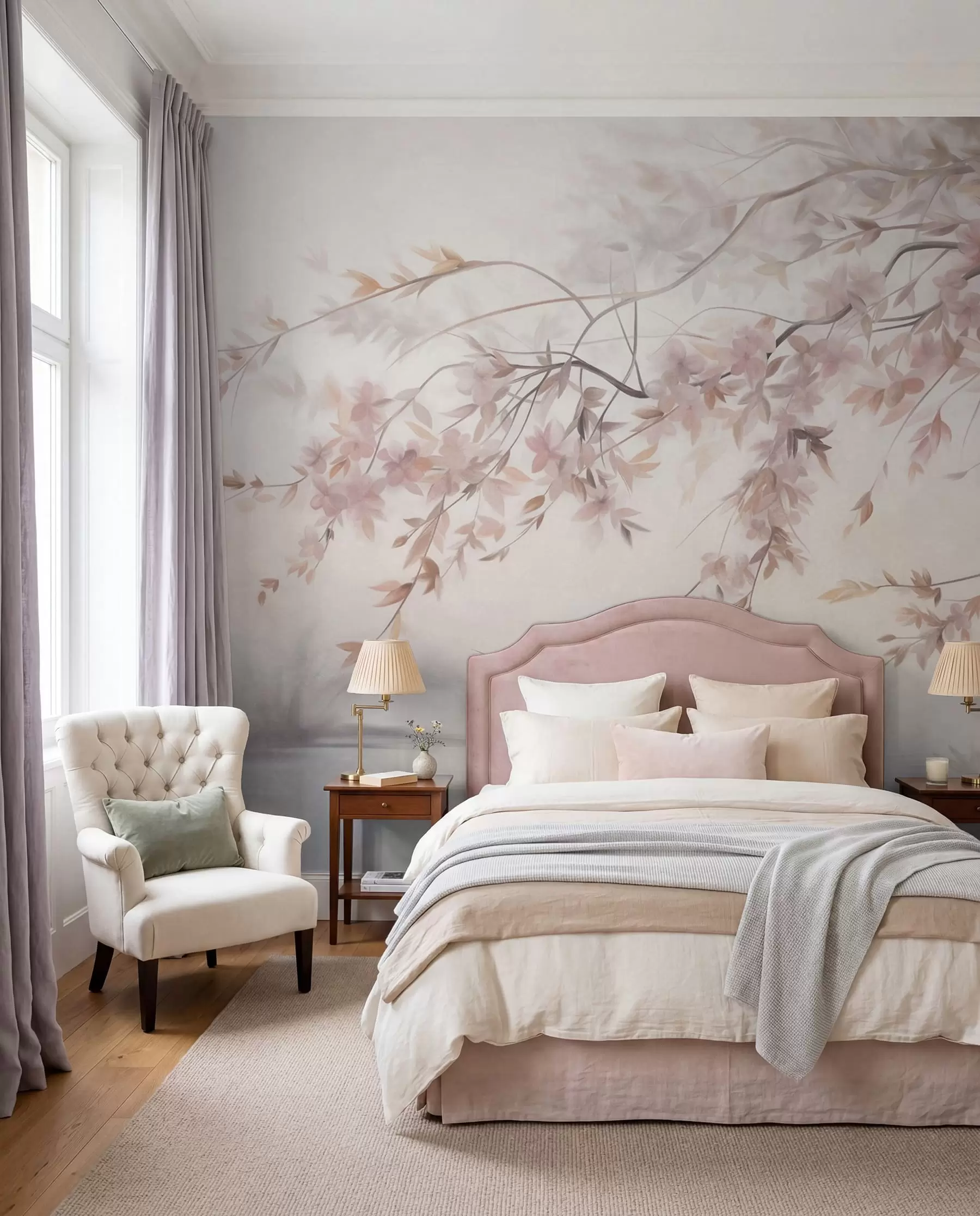 murais de parede Paisagem texturizada com galho de cerejeira em flor, folhas rosadas e fundo suave e nebuloso w09743