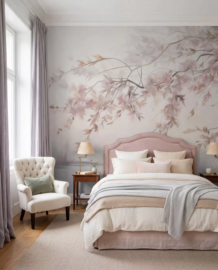murais de parede Paisagem texturizada com galho de cerejeira em flor, folhas rosadas e fundo suave e nebuloso w09743
