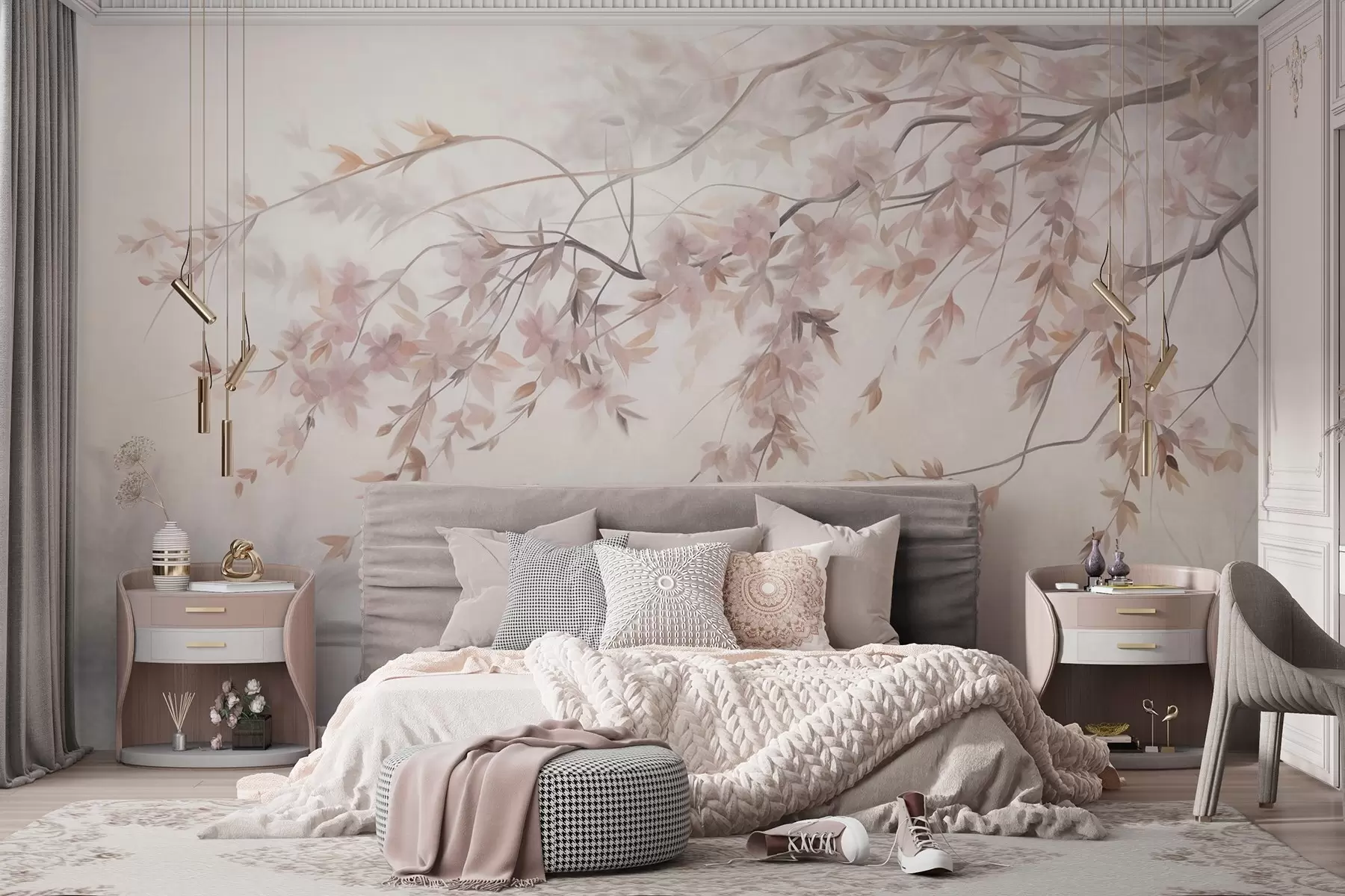 murais de parede Paisagem texturizada com galho de cerejeira em flor, folhas rosadas e fundo suave e nebuloso w09743