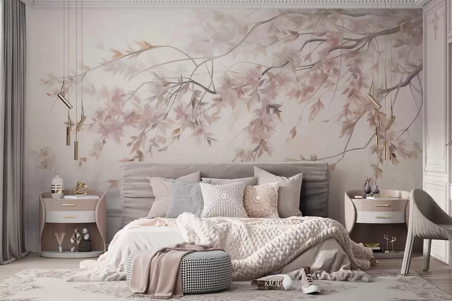 murais de parede Paisagem texturizada com galho de cerejeira em flor, folhas rosadas e fundo suave e nebuloso w09743