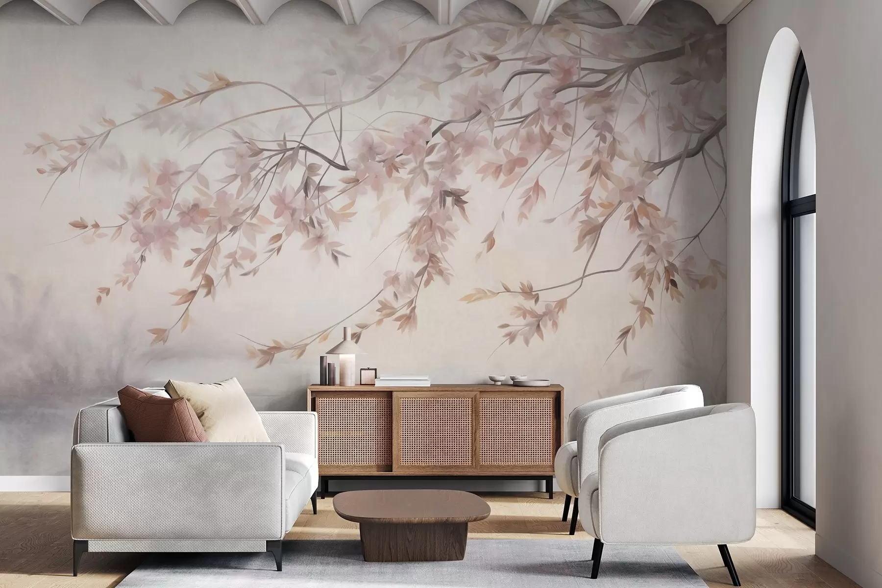 murais de parede Paisagem texturizada com galho de cerejeira em flor, folhas rosadas e fundo suave e nebuloso w09743