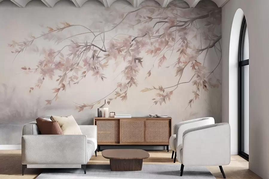 murais de parede Paisagem texturizada com galho de cerejeira em flor, folhas rosadas e fundo suave e nebuloso w09743
