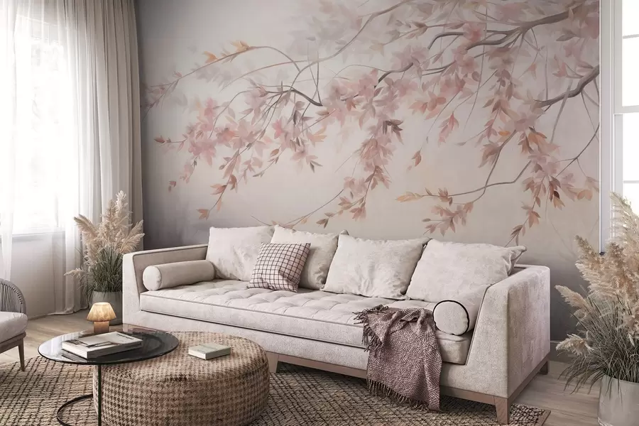 murais de parede Paisagem texturizada com galho de cerejeira em flor, folhas rosadas e fundo suave e nebuloso w09743
