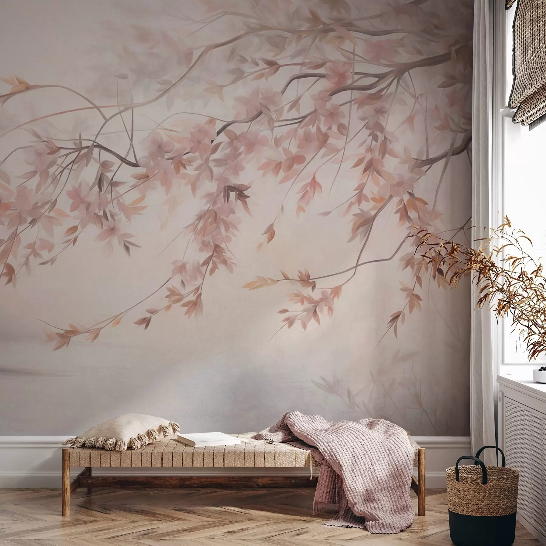 murais de parede Paisagem texturizada com galho de cerejeira em flor, folhas rosadas e fundo suave e nebuloso w09743
