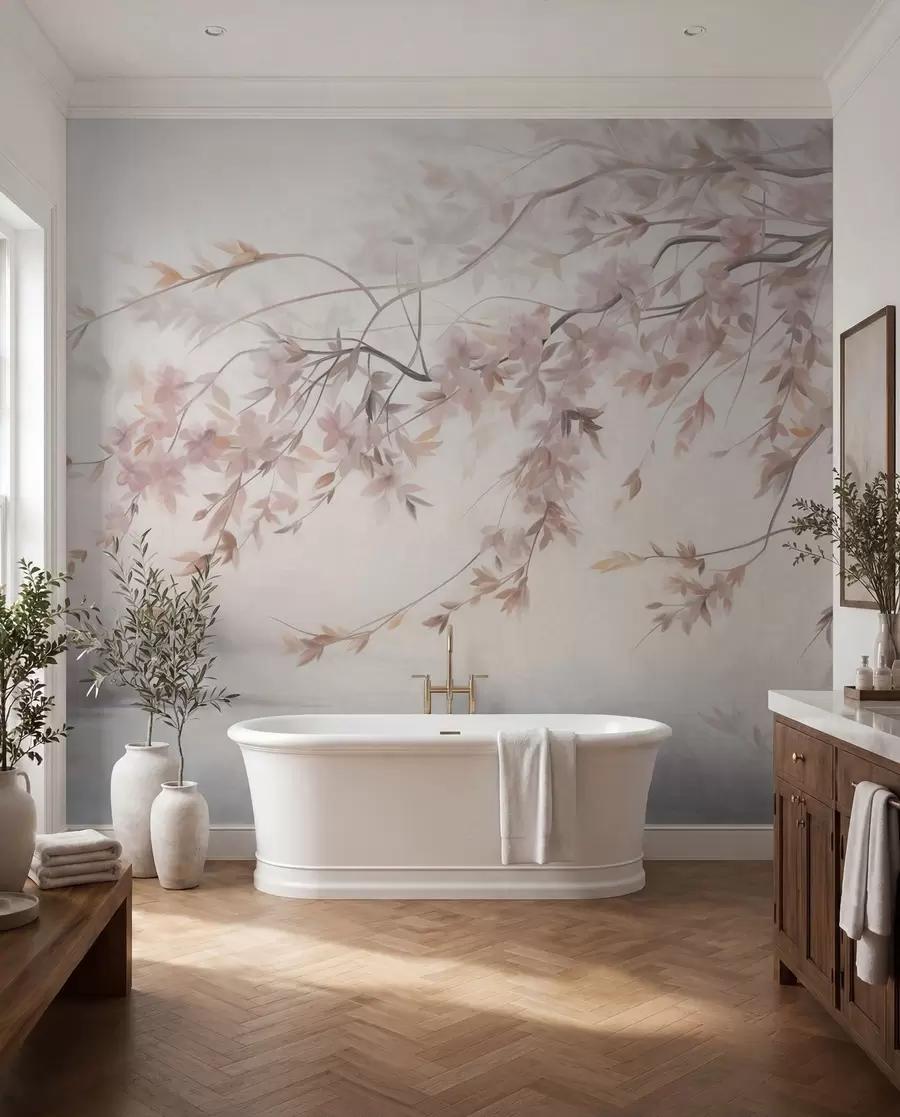 murais de parede Paisagem texturizada com galho de cerejeira em flor, folhas rosadas e fundo suave e nebuloso w09743