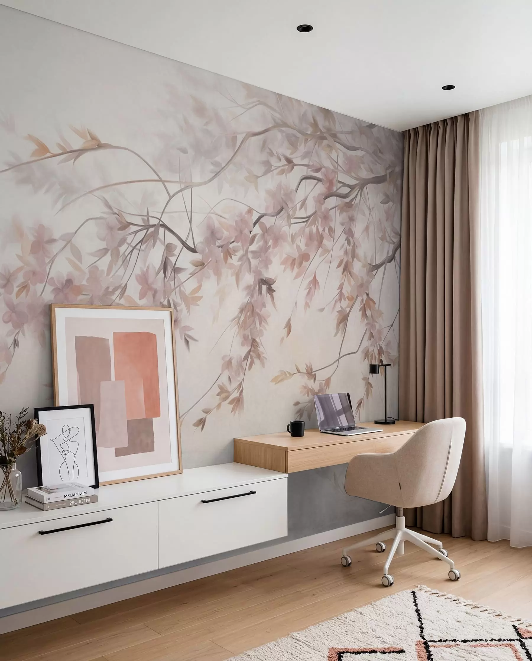 murais de parede Paisagem texturizada com galho de cerejeira em flor, folhas rosadas e fundo suave e nebuloso w09743