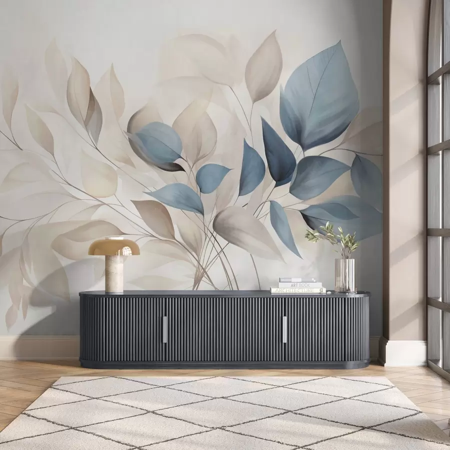 murais de parede Folhas abstratas translúcidas em tons de azul, bege e creme, arte texturizada w09744