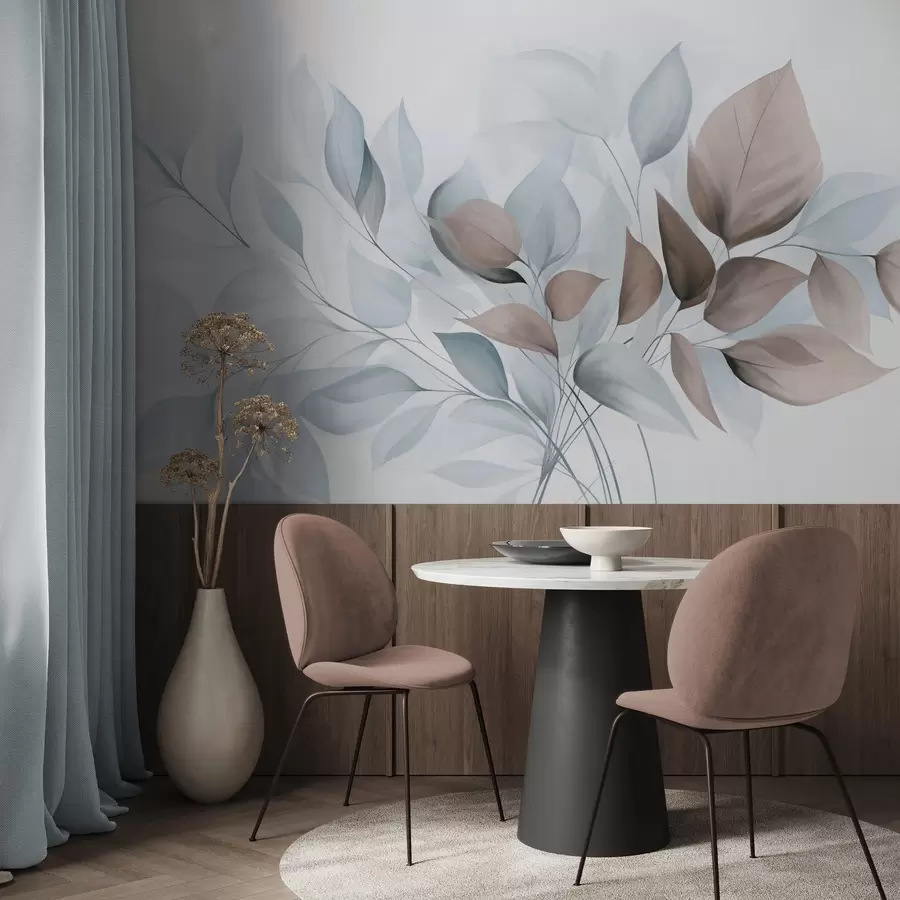 murais de parede Folhas abstratas translúcidas em tons de azul, bege e marrom, arte texturizada w09744v1
