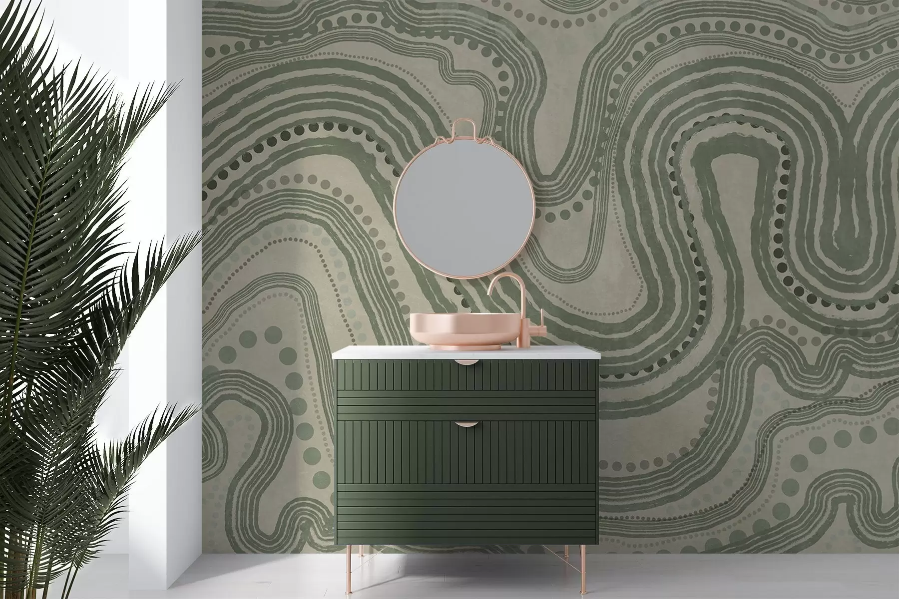 murais de parede Linhas onduladas e pontos abstratos em verde e bege, arte moderna com textura w09747