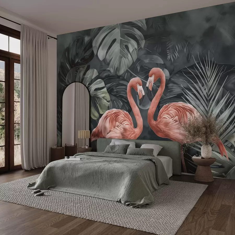 murais de parede Um casal de flamingos entre plantas tropicais w09687