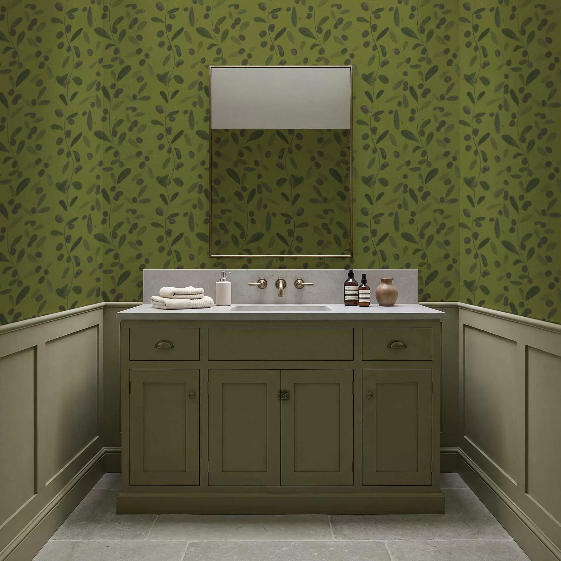 murais de parede Galhos verdes com folhas e frutos na oliveira a01113