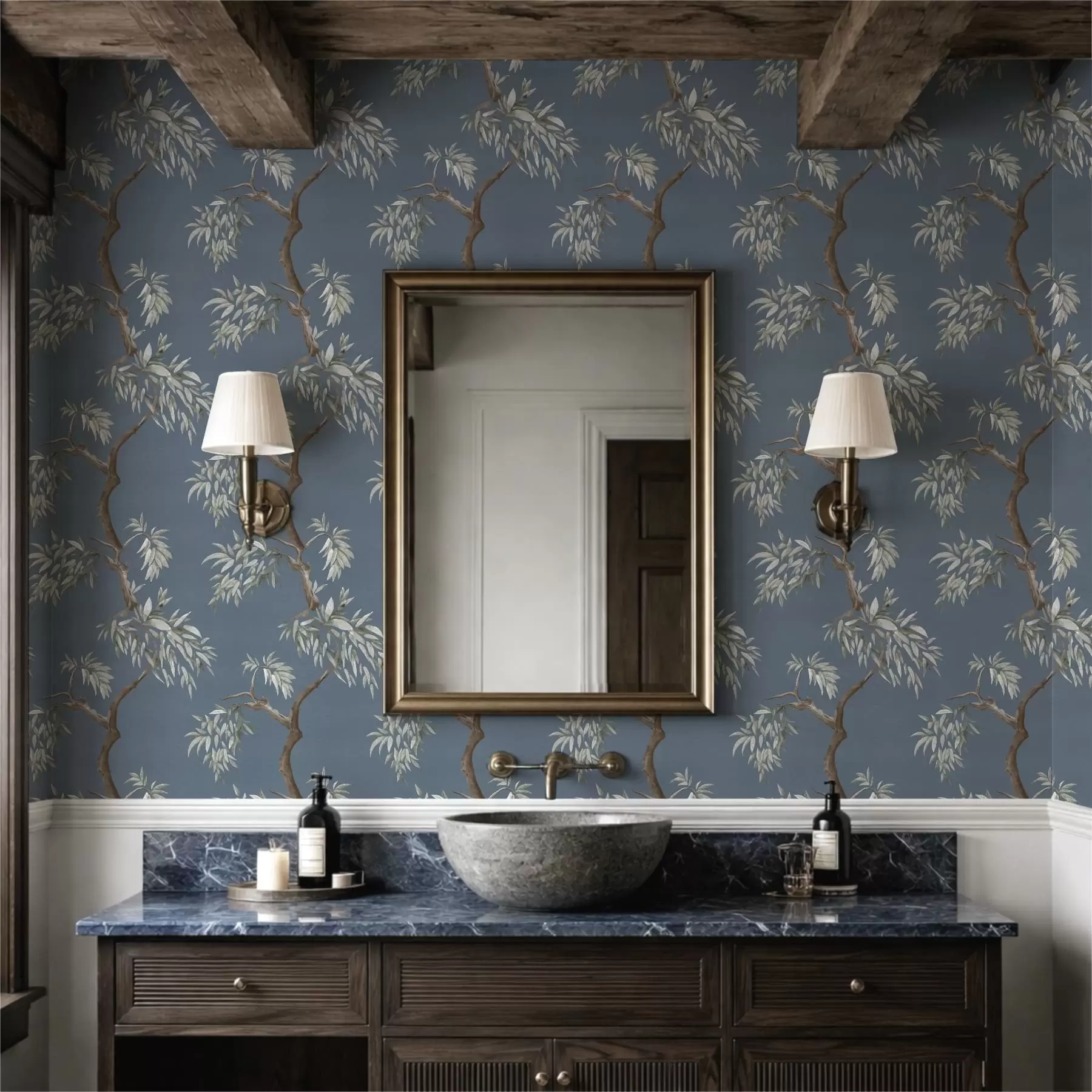 murais de parede Galho de árvore com folhas sobre fundo azul a01117