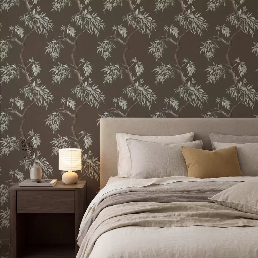 murais de parede Galho de árvore com folhas sobre fundo marrom a01117v3