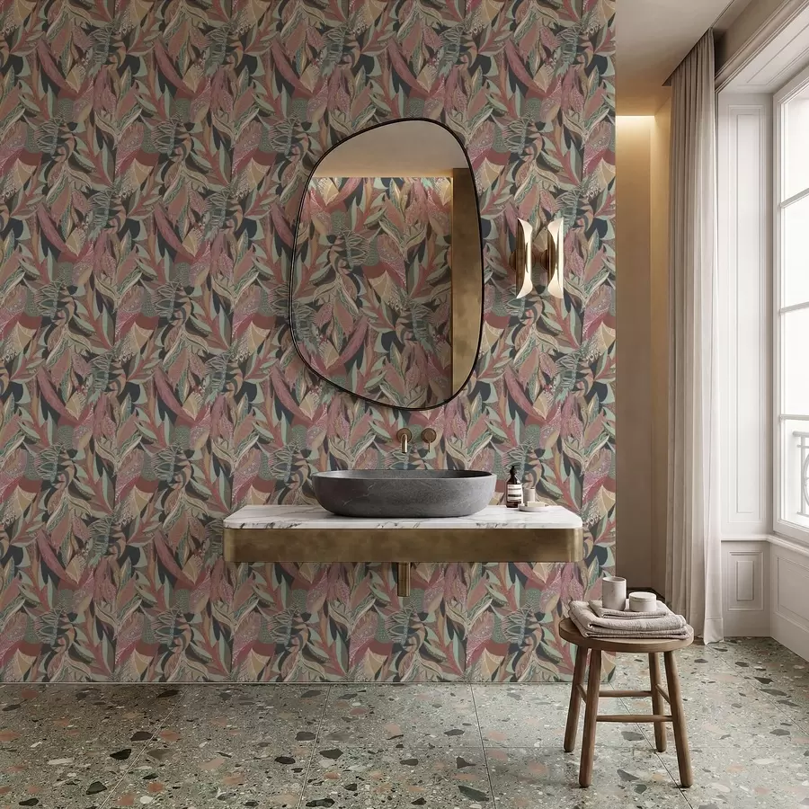 murais de parede Folhas com padrões coloridos sobre fundo escuro a01120