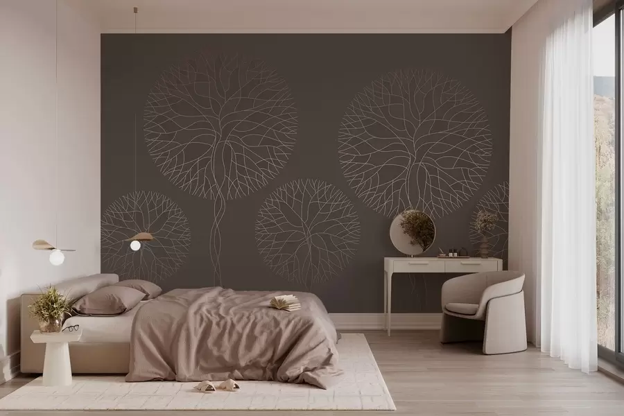 murais de parede Árvores lineares fantásticas com copas exuberantes em elegantes tons de mocha w05213v1