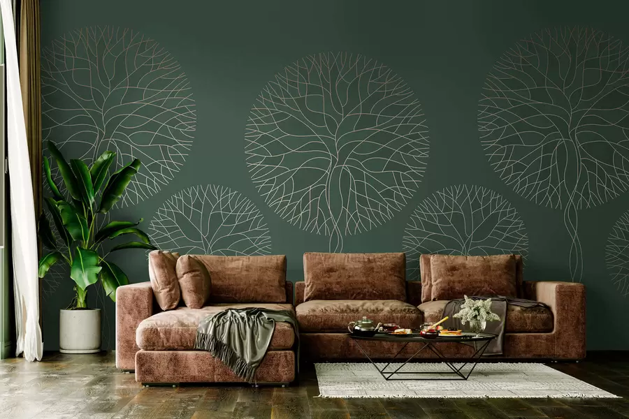 murais de parede Árvores lineares fantásticas com copas exuberantes em elegantes tons de verde escuro w05213v2