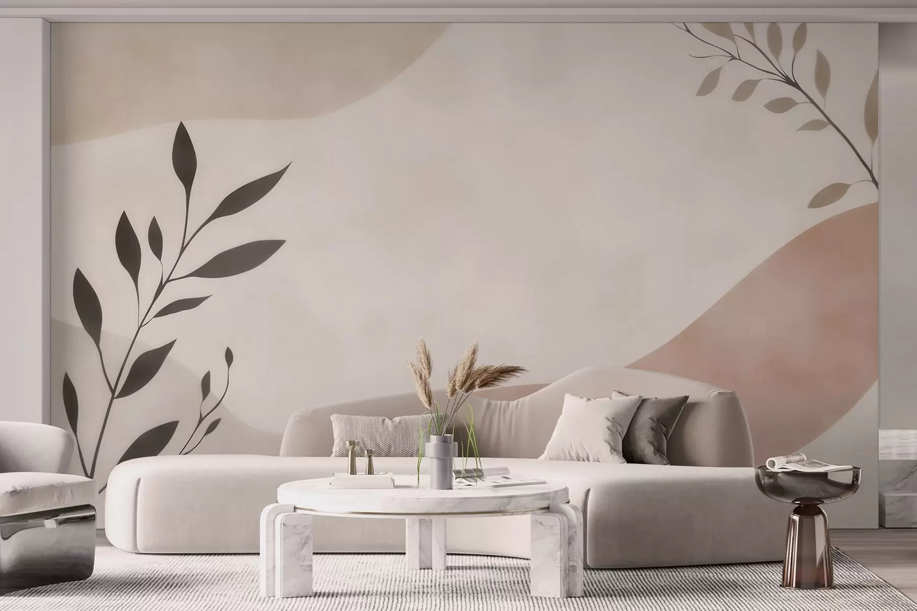 murais de parede Ondas abstratas em tons de bege-pêssego com ramos w09722
