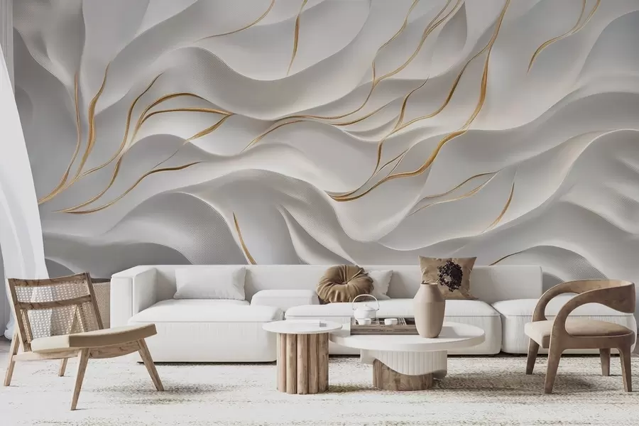 murais de parede Ondas cinzentas em relevo com detalhes em amarelo w09724