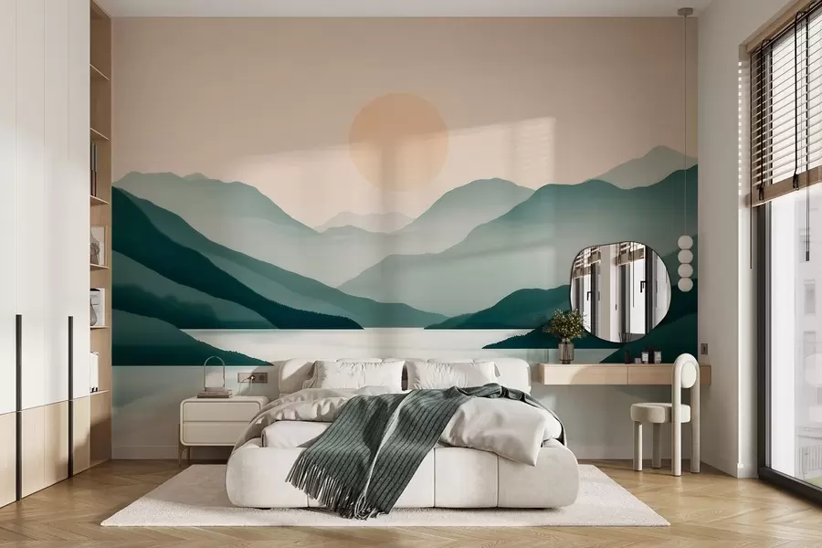 murais de parede Paisagem tranquila nas montanhas com o sol sobre o lago w09735