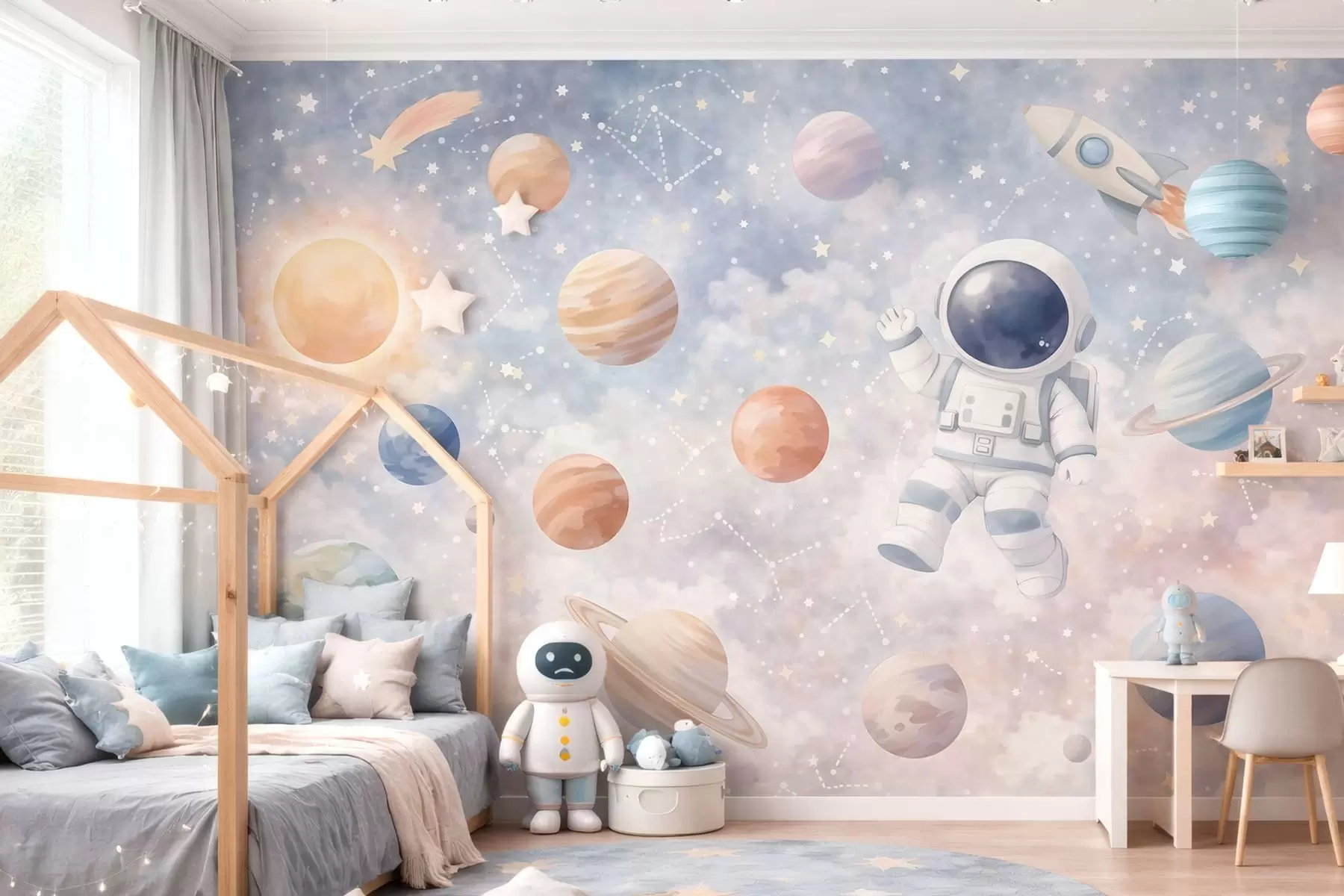 murais de parede um pequeno astronauta entre planetas e estrelas w05233