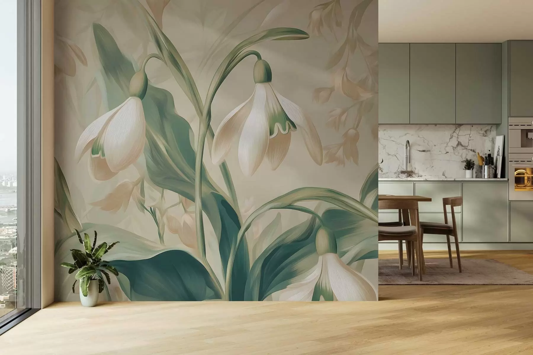 murais de parede flores de neve desabrochando sobre um fundo bege w05234