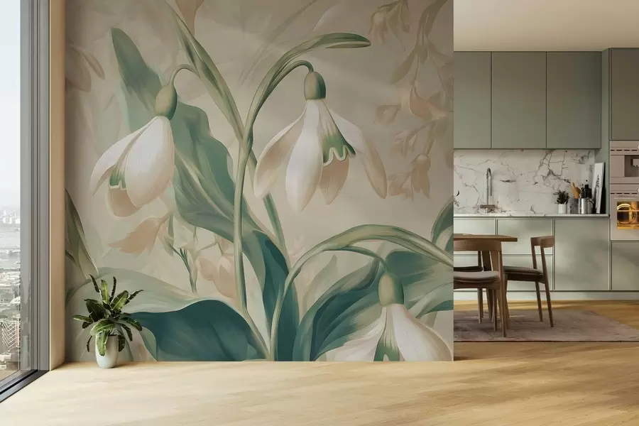 murais de parede flores de neve desabrochando sobre um fundo bege w05234