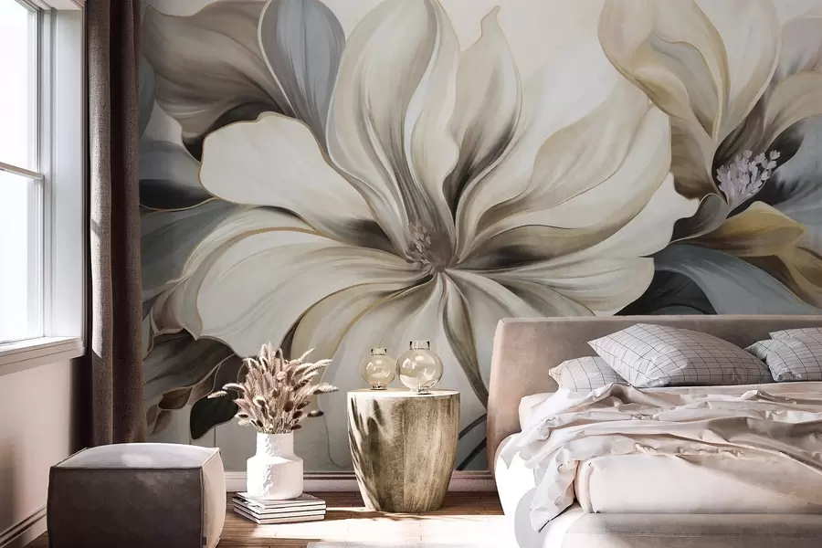 murais de parede Grandes flores cremosas de magnólia com folhas marrons e cinzentas, iluminação suave, fundo abstrato w09749