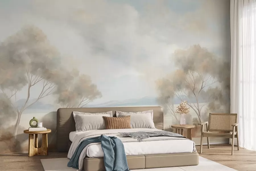murais de parede Um estilo de pintura com textura paisagística, com árvores sob um céu nublado w09753
