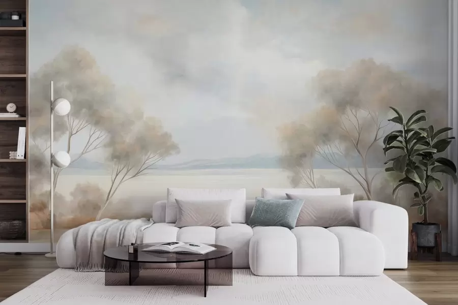 murais de parede Um estilo de pintura com textura paisagística, com árvores sob um céu nublado w09753