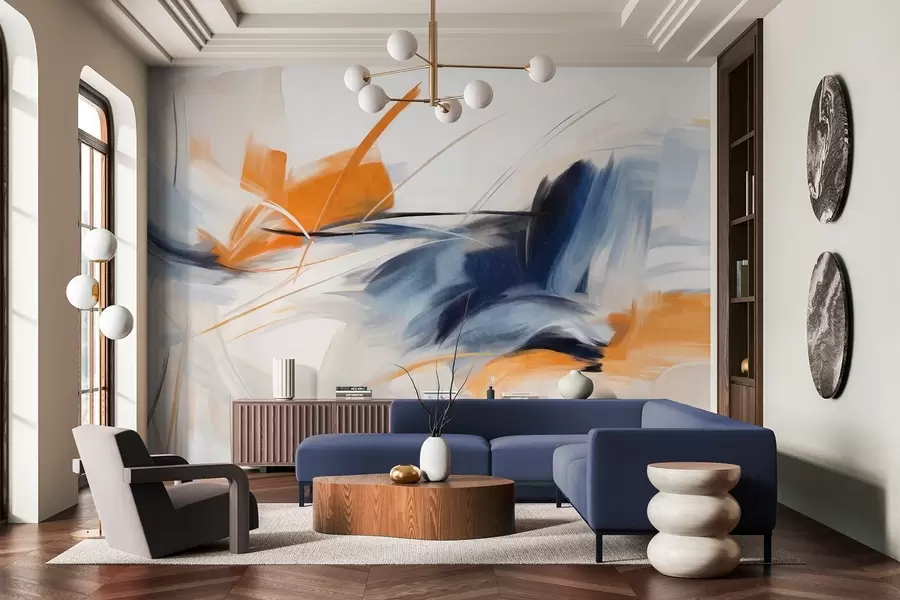 murais de parede Estilo de pintura abstrata com pinceladas texturizadas em laranja e azul w09755