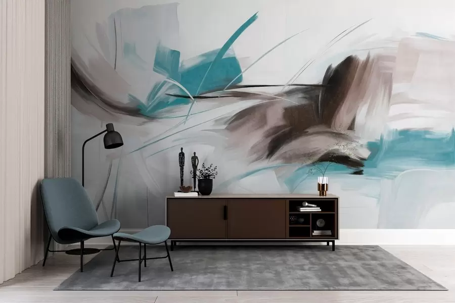 murais de parede Estilo de pintura abstrata com pinceladas texturizadas em marrom e azul w09755v1