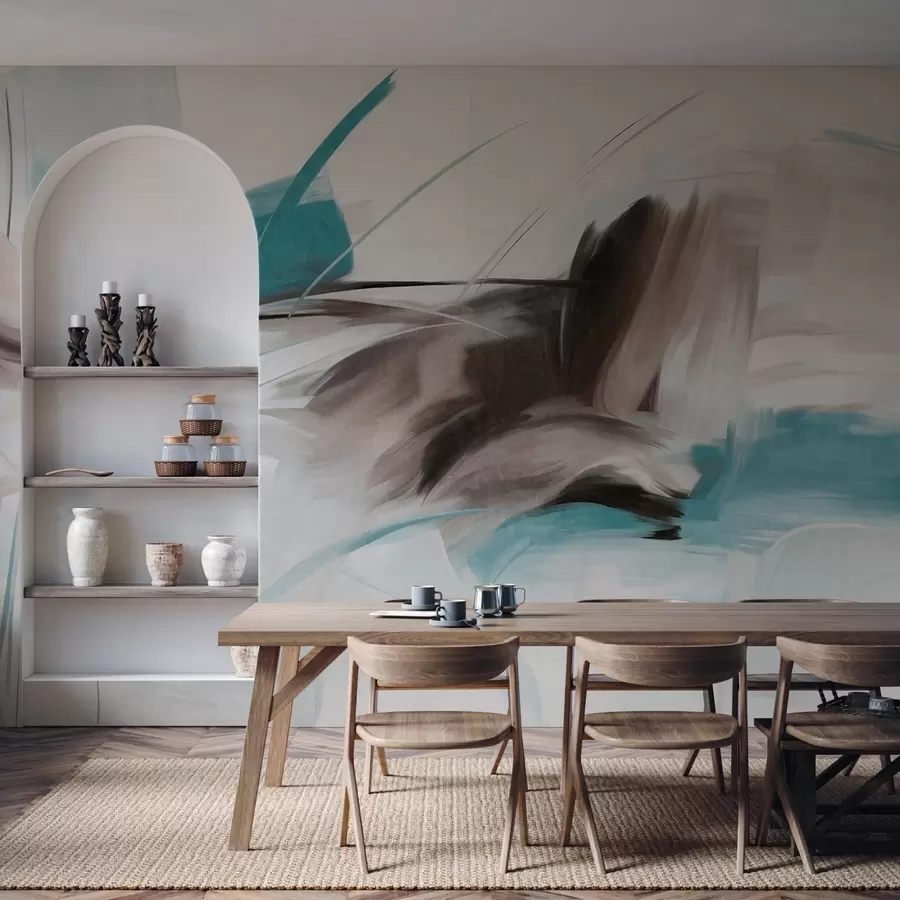 murais de parede Estilo de pintura abstrata com pinceladas texturizadas em marrom e azul w09755v1