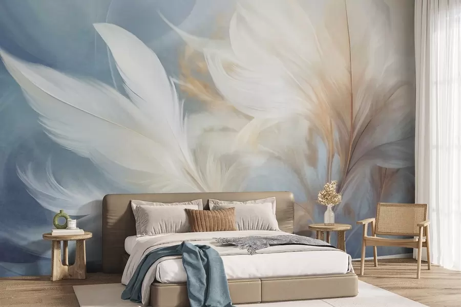 murais de parede Penas brancas macias e texturizadas e capim-dos-pampas desfocado com fundo azul e branco w09758