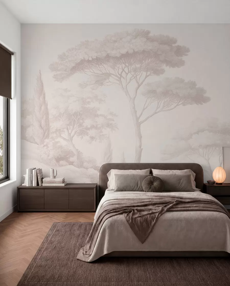 murais de parede Paisagem florestal tranquila em uma paleta de cores bege w09685