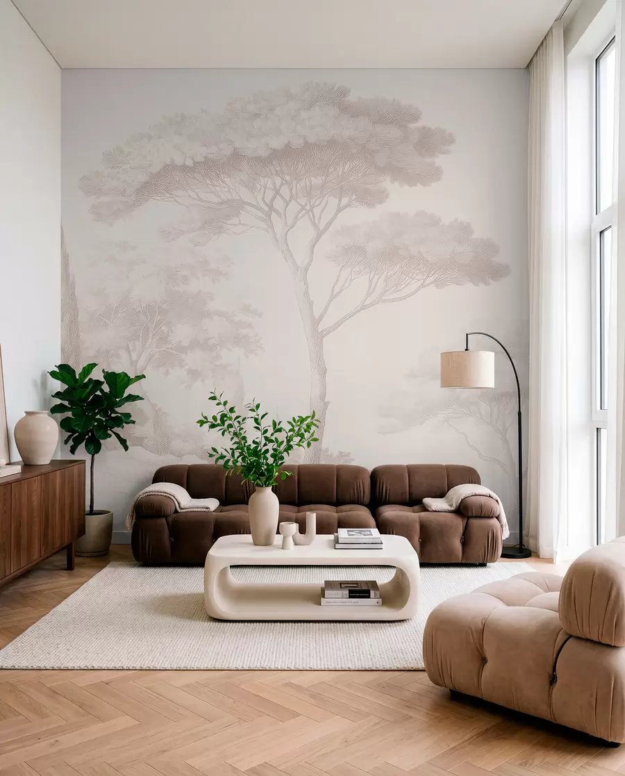 murais de parede Paisagem florestal tranquila em uma paleta de cores bege w09685