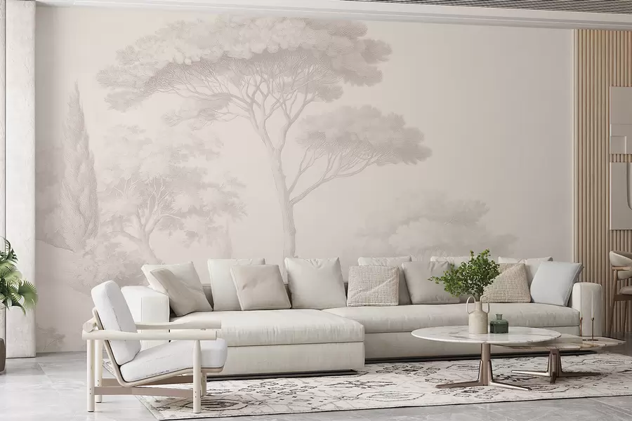murais de parede Paisagem florestal tranquila em uma paleta de cores bege w09685