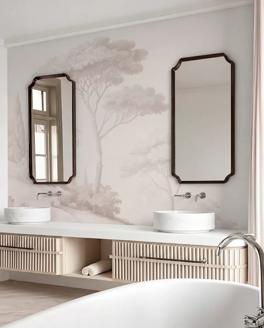 murais de parede Paisagem florestal tranquila em uma paleta de cores bege w09685